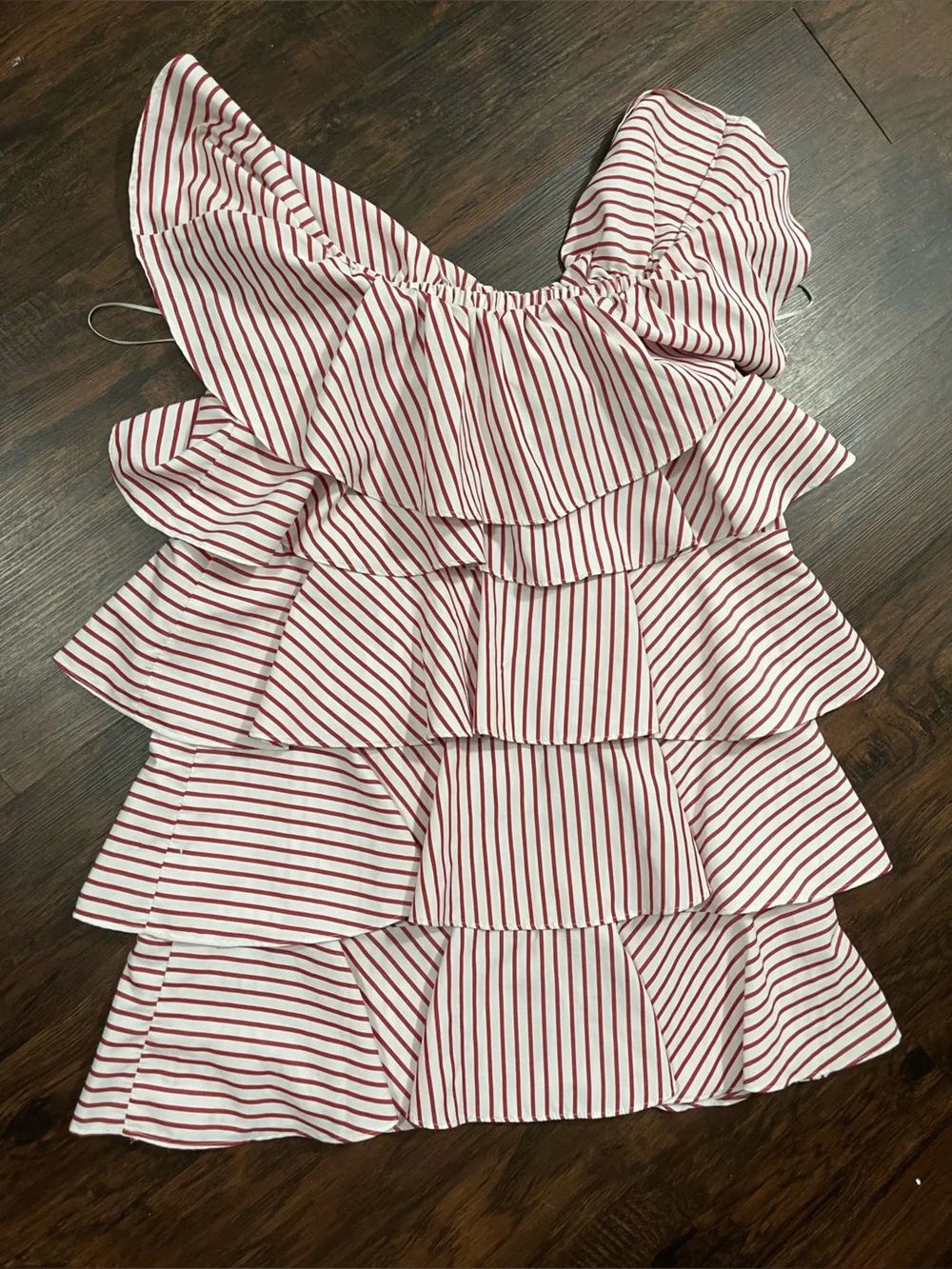 LULUS Red and White Striped Ruffle Tiered over under the Shoulder Dress Medium